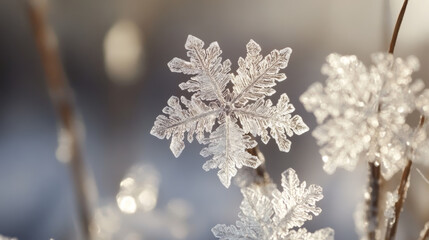 Imagine a close-up view of delicate snowflakes falling softly in a serene winter landscape. 