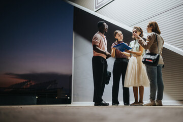 A group of four young professionals engage in a lively discussion outdoors at dusk, symbolizing...