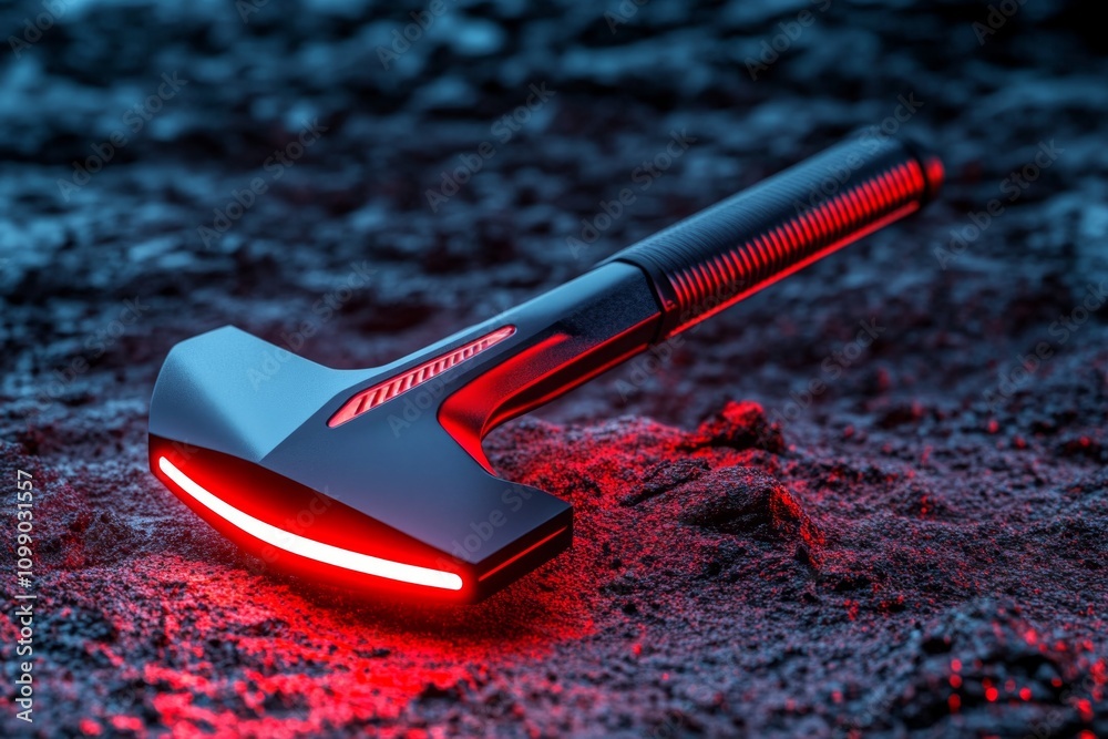 Poster a futuristic axe pick with glowing neon edges and a carbon fiber handle, set against a high-tech mou