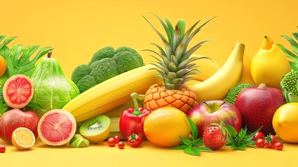 A collection of fresh fruits and vegetables on a yellow background.