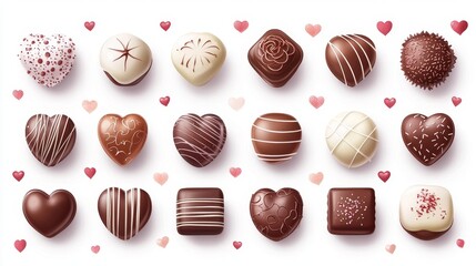 Assorted chocolates with floral vector decorations, Valentine's theme, clean white background