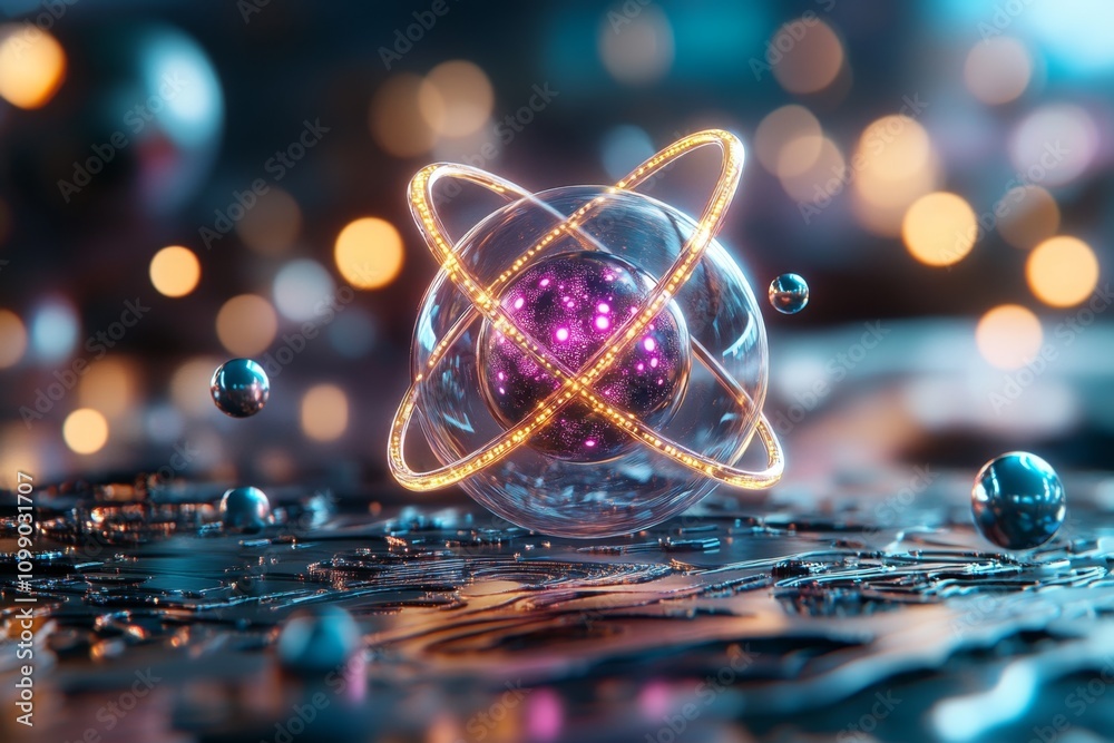 Poster a futuristic holographic display of an atom, with neon-lit orbits and floating, labeled particles in