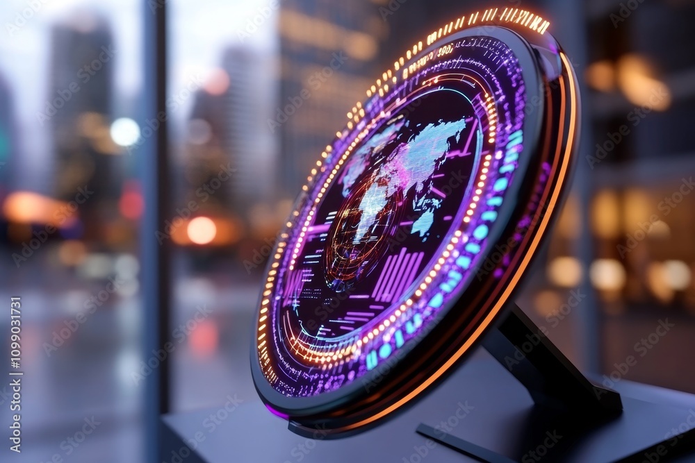Poster A futuristic holographic display showing global awareness data with virtual earth projections and glowing symbols