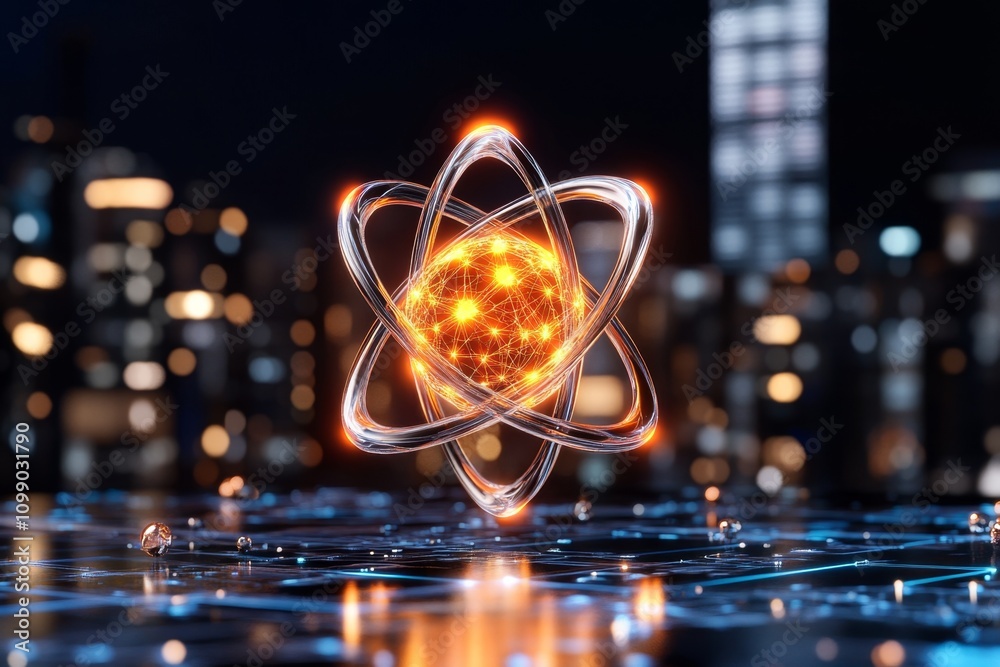 Poster a futuristic representation of an atom, with neon-glowing orbits and particles, floating in a dark v