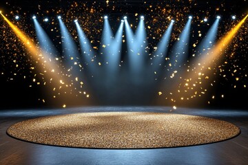 A glittering confetti shower marking the grand finale of an award ceremony, with the stage glowing under vibrant lights