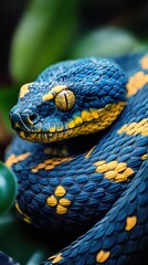 Fototapeta premium Stunning Blue and Yellow Snake: A Close-up Look at Nature's Beauty
