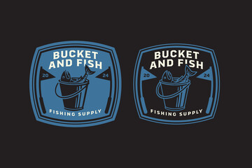 bucket of fish, kibble with freshwater fish retro badge logo design set. pail with minnow vintage emblem logo collection for fisherman, fishing gear, sport and competition © salzcreative