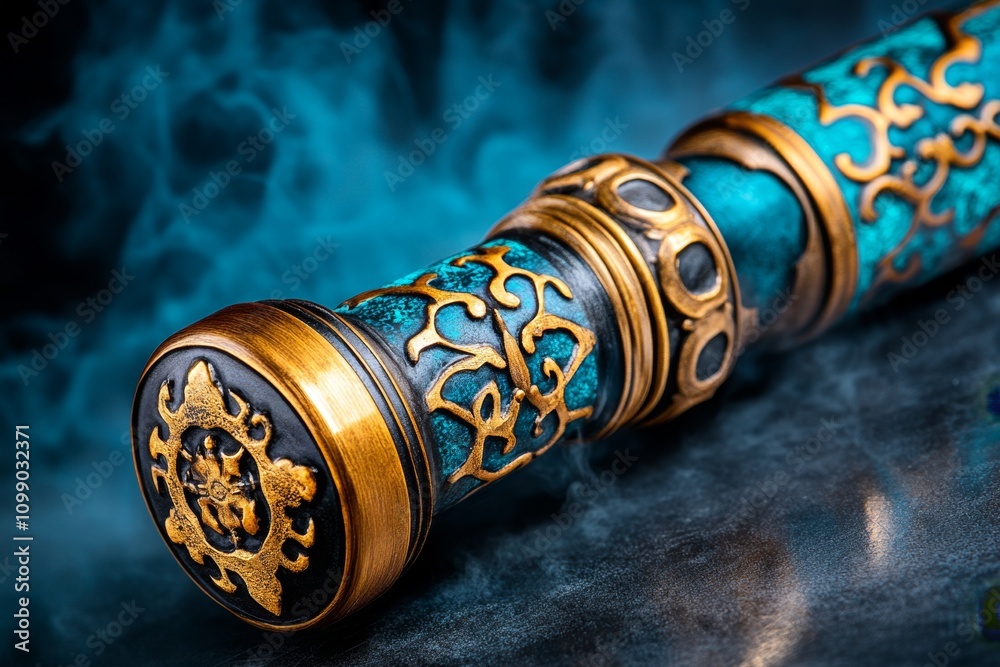 Poster a gothic-style axle from a dark, steampunk carriage, adorned with intricate designs and set against 