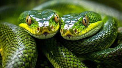 Fototapeta premium Close Encounter: Two Green Snakes in the Wild