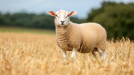 Obraz premium agriculture livestock yield concept, A sheep stands in a golden field under a cloudy sky, surrounded by nature, embodying rural tranquility and pastoral beauty.
