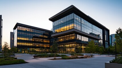 Obraz premium Modern Office Building with Glass Facade at Dusk