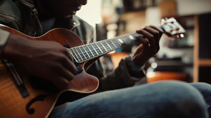 Fototapeta premium A close-up of a person playing an acoustic guitar, showcasing their fingers on the strings in a cozy indoor setting.