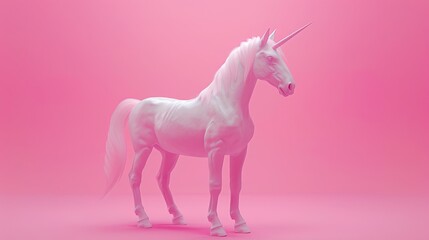 Obraz premium A white unicorn standing on a pink background.