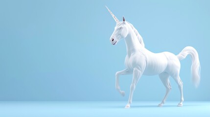 Obraz premium A white unicorn with a sparkling horn stands on a light blue background, creating a magical and whimsical scene.