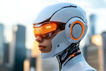 Fototapeta premium A photorealistic avatar of a human-cyborg hybrid, with mechanical limbs and a glowing cybernetic eye, set in a dystopian city