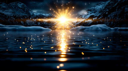 Spectacular sunrise reflection over snowy mountains tranquil lake nature serene view