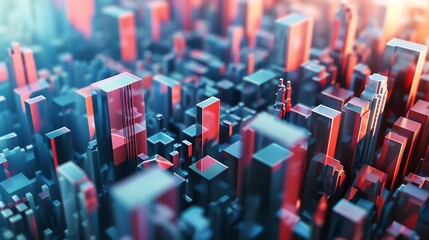 Obraz premium Abstract city skyline with red and blue skyscrapers.