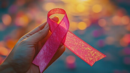 Hand holding pink cancer awareness ribbon with copy space, symbolizing support and hope. bright background 4k