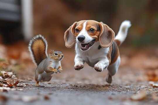 Here's a possible  and keyword list for your stock photo... Beagle dog playfully chasing a squirrel in autumn leaves.