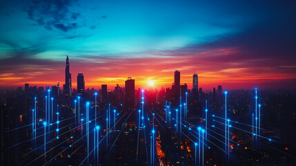 Fototapeta premium Smart digital Innovation city with connection network reciprocity over the sunset cityscape. of future wireless digital city and social media networking systems that connects people with in city