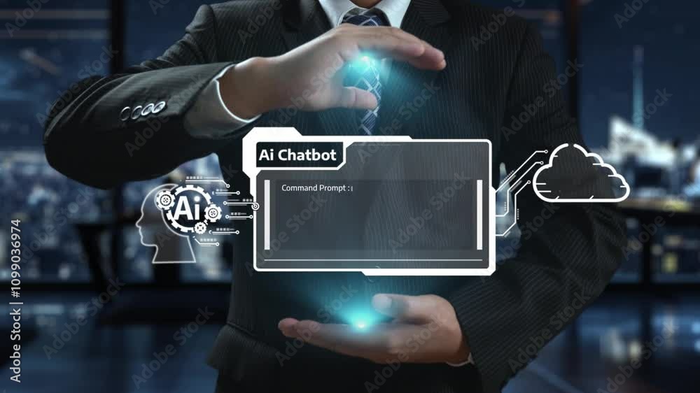 Poster human interact with ai artificial intelligence virtual assistant chatbot in concept of ai artificial