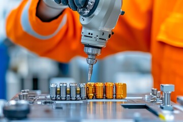 A robotic arm assembling axles in a modern automotive manufacturing plant, surrounded by precision tools and machinery