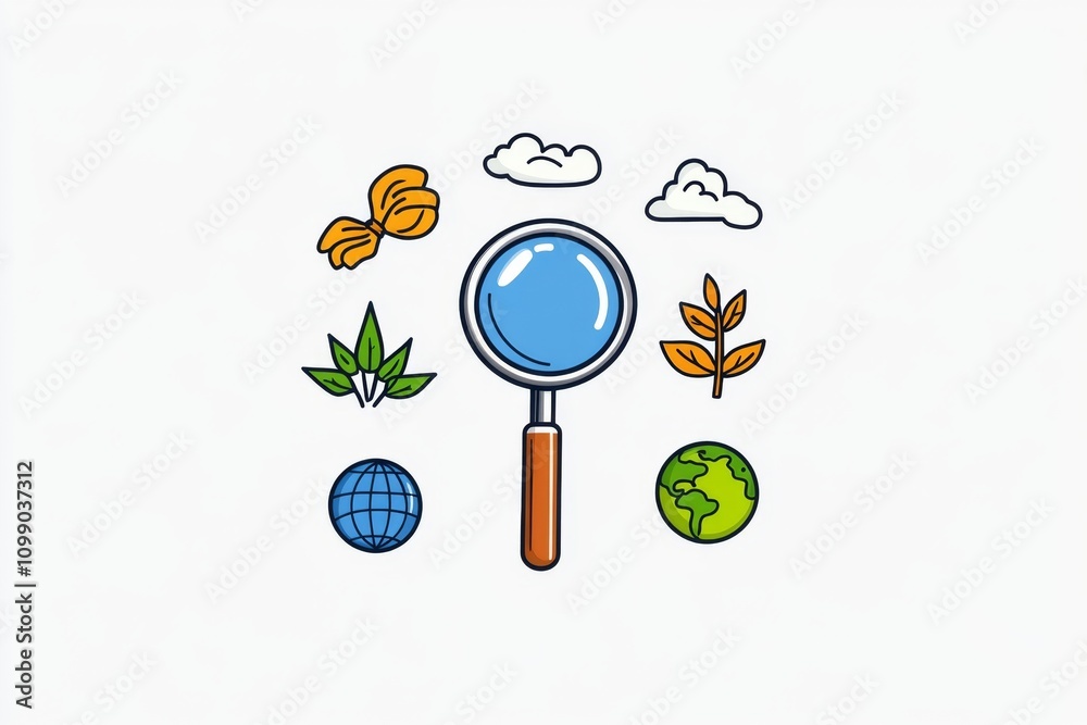 Poster a simple illustration of a magnifying glass over a globe with icons representing environmental and h