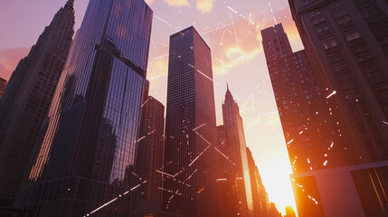 Obraz premium Smart digital Innovation city with connection network reciprocity over the sunset cityscape. of future wireless digital city and social media networking systems that connects people with in city