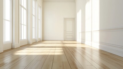 Fototapeta premium A bright, empty room with wooden flooring and large windows, inviting natural light.