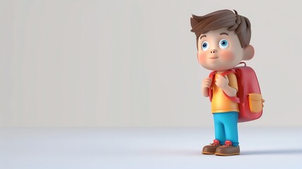 A 3D cartoon illustration of a boy with a backpack, looking to the side.