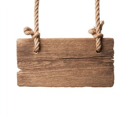 Fototapeta premium Rustic wooden sign suspended with rope against a minimalist white backdrop symbolizing simplicity and rustic charm