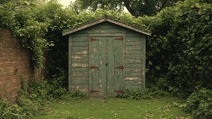 Overgrown Rustic Green Shed in Lush Garden Backyard