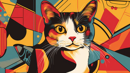 Cat with postmodern abstraction pattern. Postmodern. Illustration