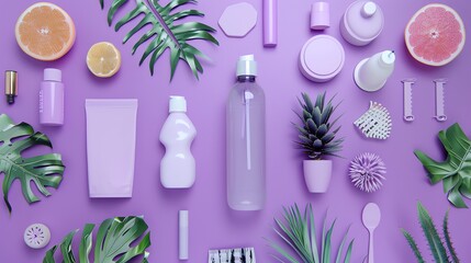 Purple and green aesthetic flat lay with beauty products, a plant, and citrus fruits.