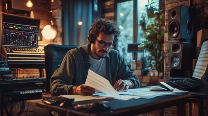 Fototapeta premium A musician composes music in a cozy studio, surrounded by equipment and natural light, focusing on sheet music and creative expression.