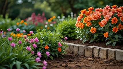 Vibrant flower garden bed with orange and pink blooms, edged with brick.