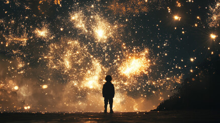 Fototapeta premium When the show ends, the lingering sparks drift down like shooting stars, and a moment of peaceful silence follows, filled with wonder and joy.