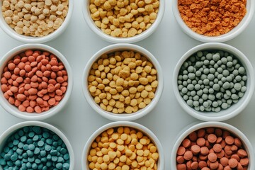 Fototapeta premium Colorful, round pellets arranged in bowls, possibly for crafting or educational purposes.