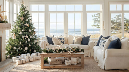 cozy oceanfront living room featuring decorated Christmas tree, soft white sofas, and beautiful view of beach. space is filled with natural light, creating warm and inviting atmosphere