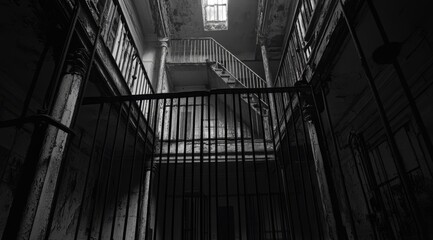 A view from the bottom of a crumbling staircase in an abandoned building. The staircase is gated and the building is dilapidated with peeling paint, broken windows and a general state of disrepair.