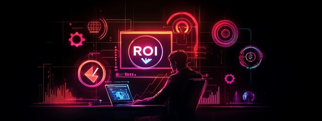 Obraz premium Analyzing ROI and Business Strategy Concepts. Businessman working on a laptop with various digital icons representing ROI, financial strategies, return on investment, and efficiency. marketing plan, 