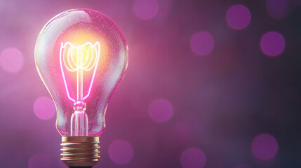 glowing light bulb with pink neon lights radiates on purple bokeh background, creating vibrant and enchanting atmosphere