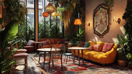 A cozy, vibrant lounge with plants, colorful decor, and inviting seating for relaxation.
