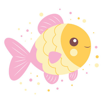 Cute Colorful Fish Cartoon Character Swimming in the Sea with Smiling Expression
