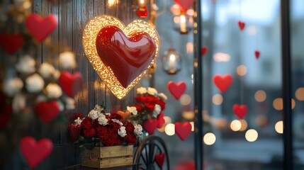 valentine day A close-up of the reflection in modern glass window vintage lanterns and flower