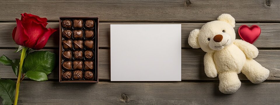 Blank card with chocolate rose and teddy bear plush toy on wooden background for valentine's day. Concept of Cute, Ramance, Love