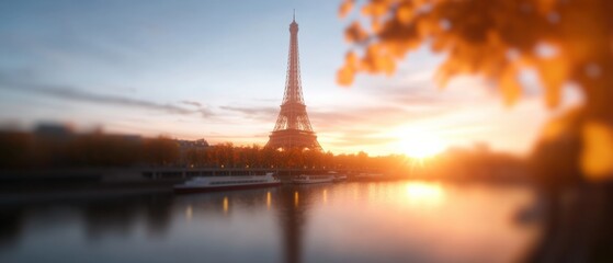 beautiful sunset view with a landmark silhouette by the river