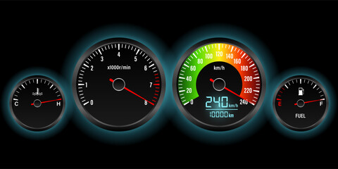 Car Dashboard with High Speed. Car Panel Display. Car Speedometer Dashboard. Tachometer or Odometer Display. High Speed Concept. Vector Illustration.