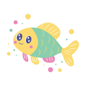 Cute Colorful Fish Cartoon Character Swimming in the Sea with Smiling Expression