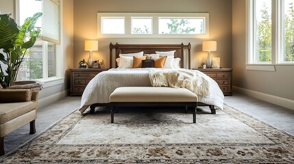 An inviting bedroom showcasing a soft area rug complementing the decor. 